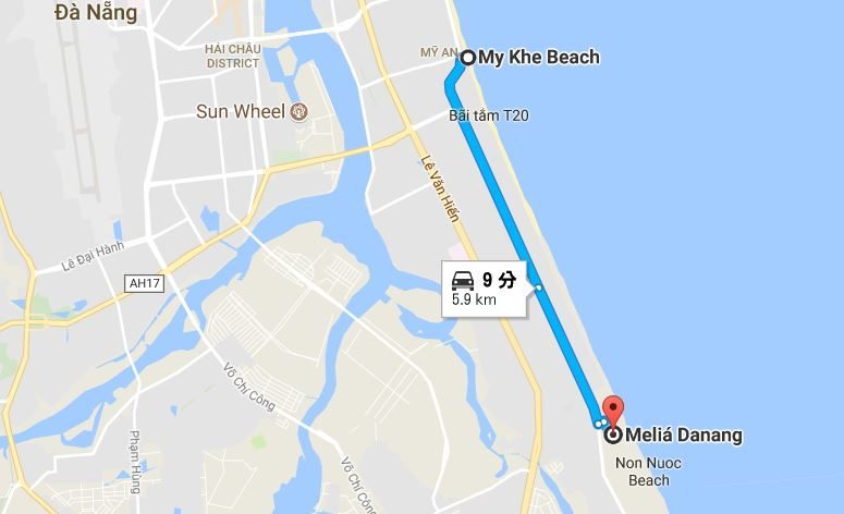メリアダナンからミーケビーチの地図